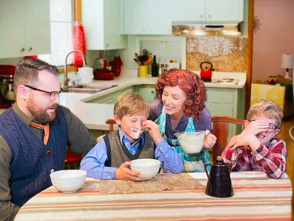 (Left to right) TJ Richardson as Ralphie’s Dad, Eddie Bell as Randy (final weekend only) Amy Stout as Ralphie’s Mom, Connor Stout as Ralphie